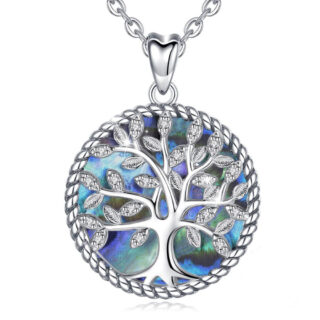 Pendentif arbre de vie en argent sur fond nacré bleu avec des strass, pendu à une chaine
