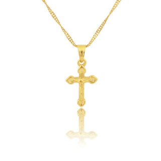 Sur fond blanc, on voit un collier avec un pendentif croix dorée.