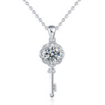 On voit un collier sur fond blanc qui représente une clé.