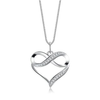 Sur fond blanc, on voit un collier argenté avec un pendentif cœur et infini.