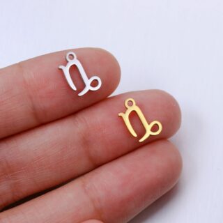 deux pendentifs en forme de signe du capricorne, un argenté un doré, sur le bout de deux doigts d'une main blanche, sur fond gris