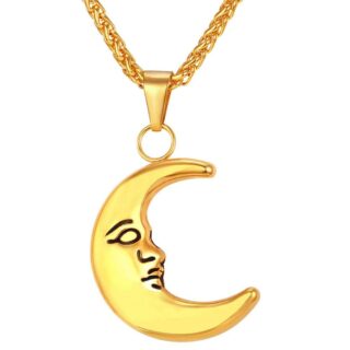 pendentif doré en forme de demi-lune, avec visage gravé en noir, profil de face, avec chaîne assortie, sur fond blanc