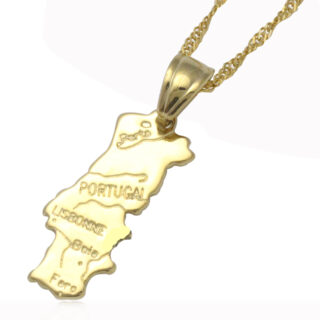 Pendentif doré carte du Portugal avec collier unisexe