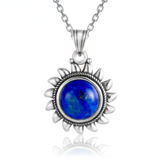 Pendentif en argent S925 et lapis lazuli en forme de soleil avec chaîne