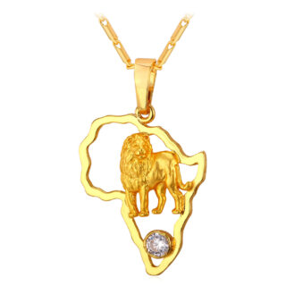Sur fond blanc, on voit un collier doré qui représente le continent africain, et à l'intérieur un lion et un zircon.