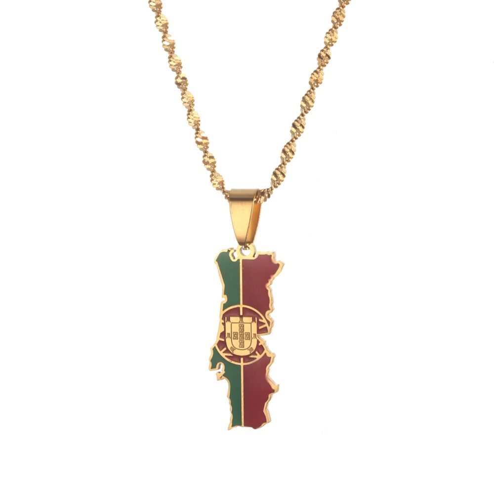 Pendentif carte du Portugal pour femme en deux couleurs et chaîne assortie