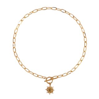 Pendentif soleil doré chic et audacieux sur fond blanc