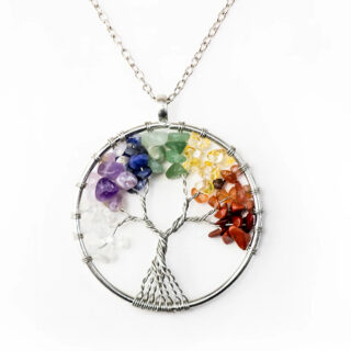 Pendentif pierre naturelle 7 chakras avec arbre de vie sur fond blanc