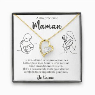 Pendentif en forme de cœur avec pierre scintillante, présenté dans un écrin avec un message pour une maman.