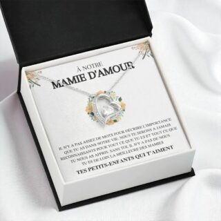 Pendentif en forme de cœur argenté avec pierre centrale brillante, présenté dans un écrin avec message de petits-enfants pour leur mamie.